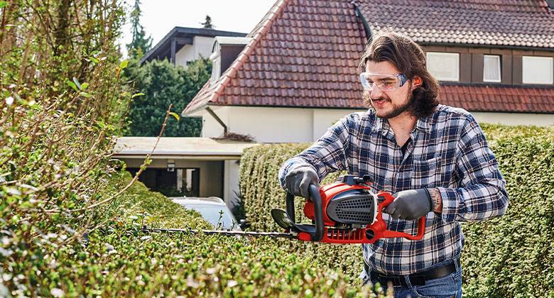 Man cutting bush with hedge trimmer